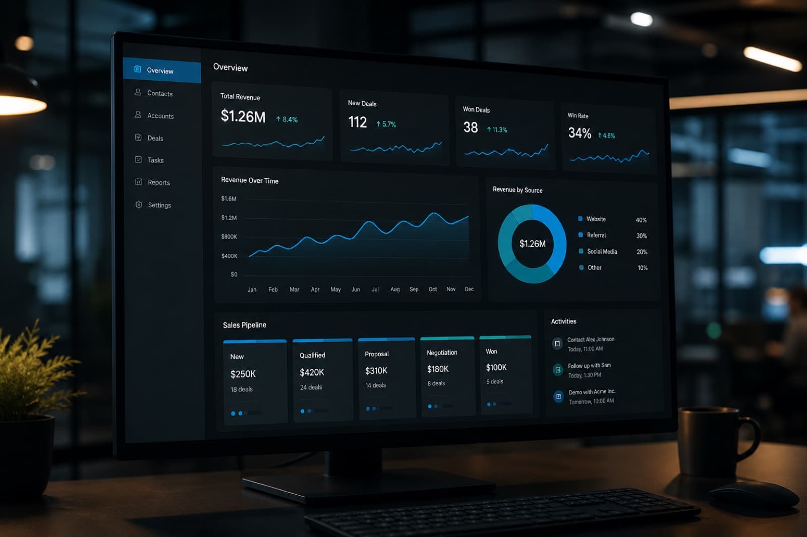 Analytics CRM dashboard with charts and metrics