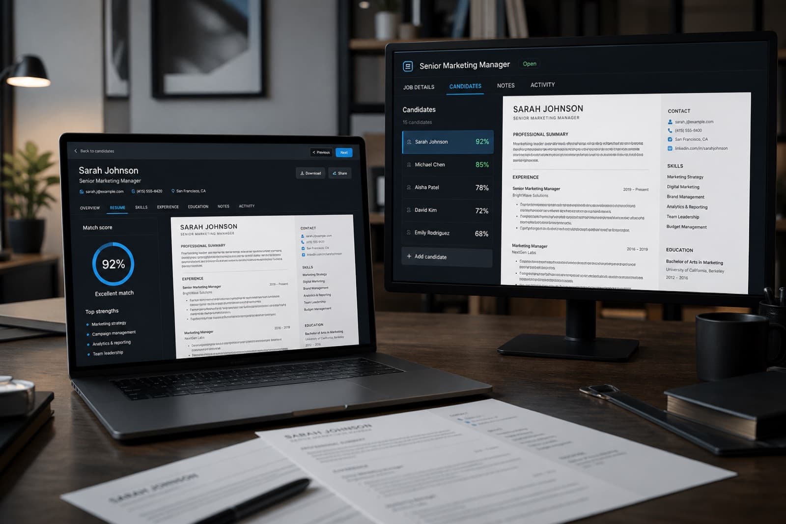 Enorexa Recruiter resume workspace on a dual-monitor desk